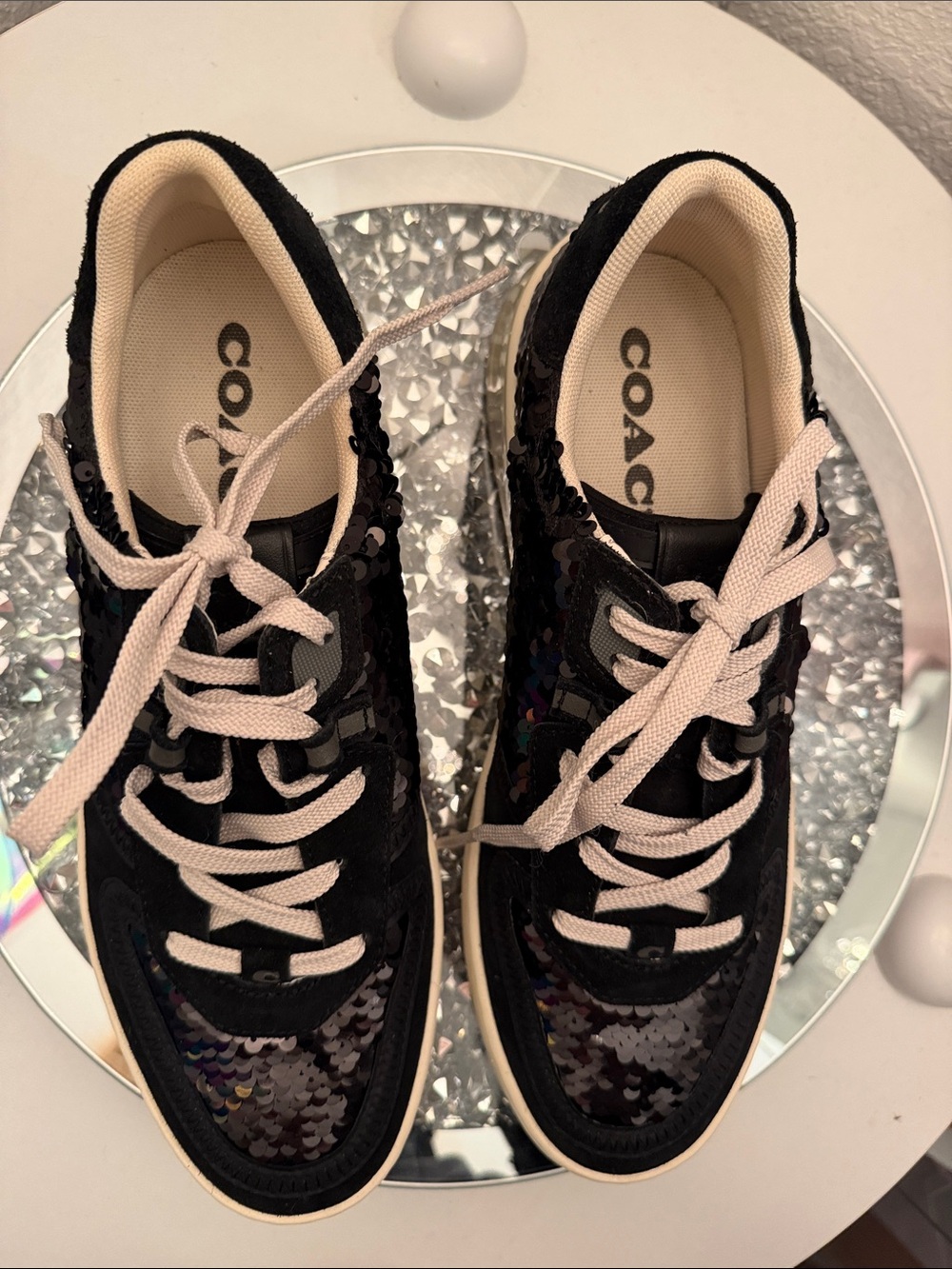 Coach Black Sequin Sneakers with Cream Laces NEW NO BOX